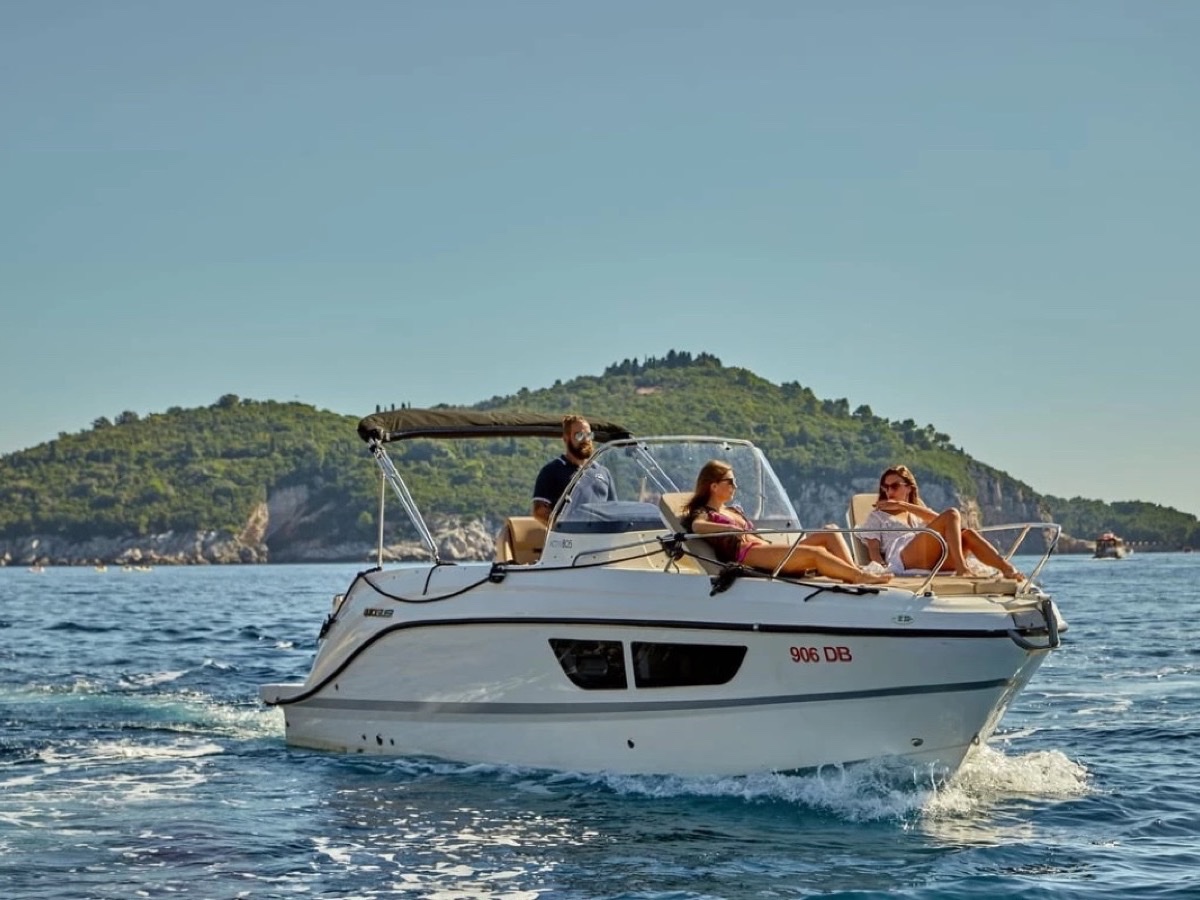 Quicksilver 805 Sun Deck flagship speedboat with twin engines at Marina Frapa